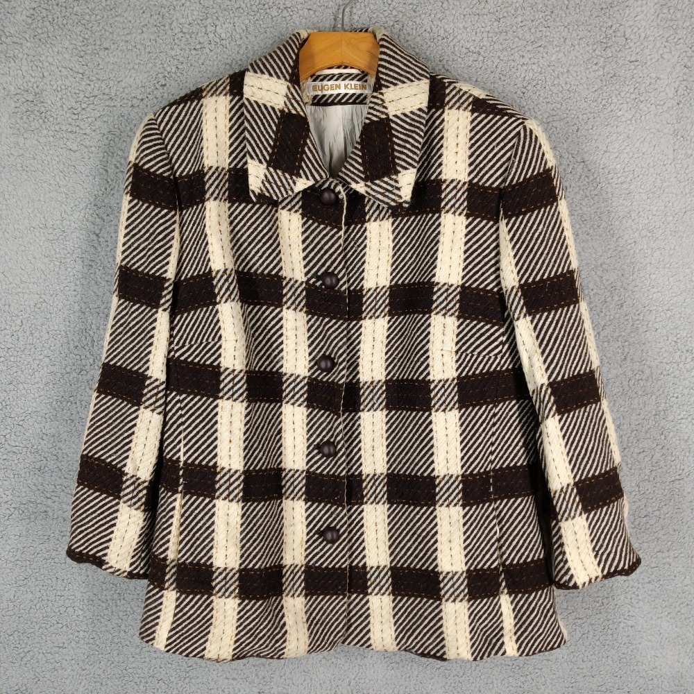 Eugen Klein Women's 14 Plaid Wool Blazer Jacket Brown Beige Button Front Coat